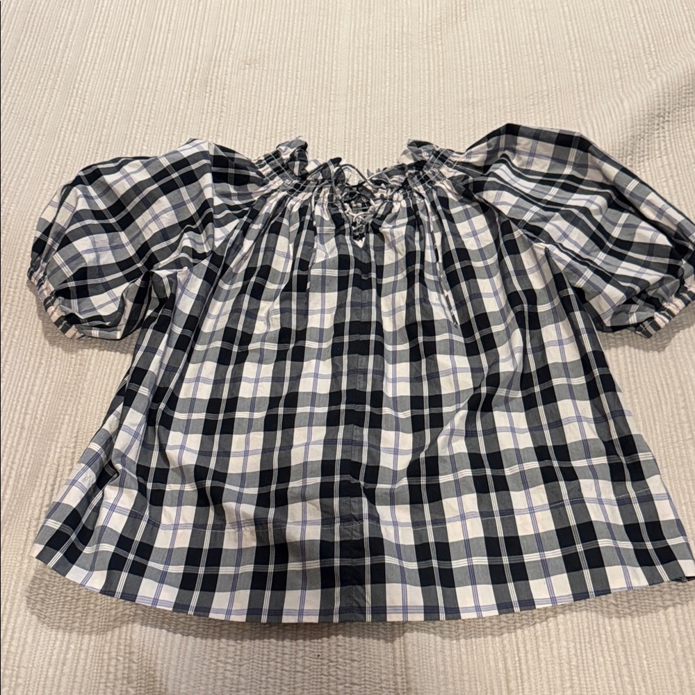 J. Crew Black and White Plaid Puff Sleeve Tunic